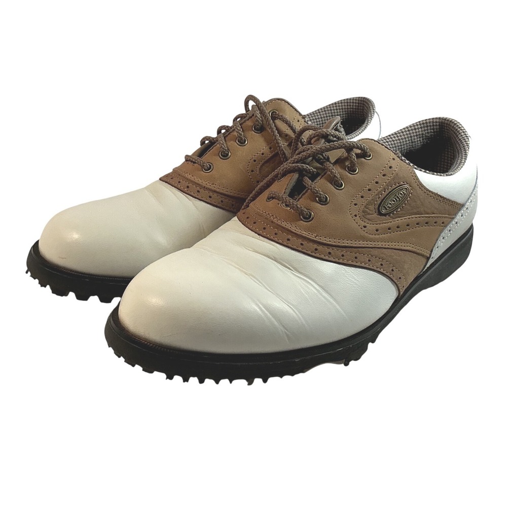 FootJoy LoPro Womens Golf Shoes White Tan Leather Spiked Saddle Oxford 8 M